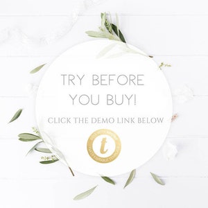 K&ouml;nnte beinhalten: Wei&szlig;er Hintergrund mit gr&uuml;nem Laub und einem wei&szlig;en Kreis mit dem Text "TRY BEFORE YOU BUY! CLICK THE DEMO LINK BELOW" und einem goldenen Kreis mit dem Buchstaben "t" darin und dem Text "EDIT WITH TEMPLETT FULLY EDITABLE TEMPLATE".