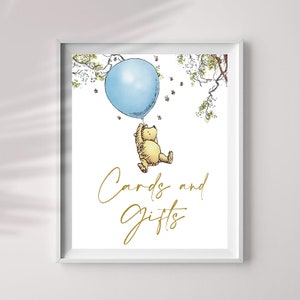Enseigne classique pour cartes et cadeaux Winnie l'ourson, cartes et cadeaux ballon bleu, décorations d'enseigne de fête, Jpeg et Pdf 8 x 10, à imprimer, CB1