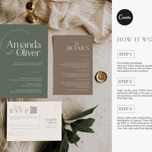 Minimalist Wedding Invitation Suite: Neutral Green, Brown, QR RSVP (Canva Template, Digital Download image 6