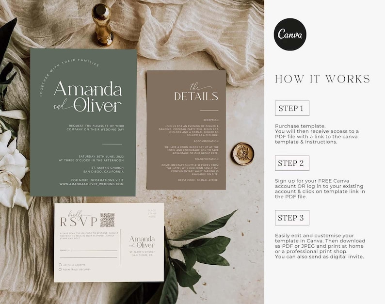 Minimalist Wedding Invitation Suite: Neutral Green, Brown, QR RSVP (Canva Template, Digital Download image 6