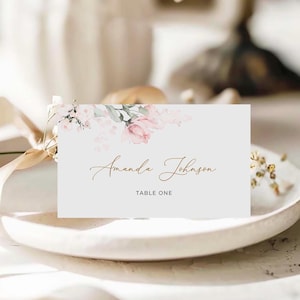 Plantilla de tarjeta de lugar floral Tarjeta de asiento de mesa plana y plegable Tarjeta de nombre editable e imprimible Canva ROSA