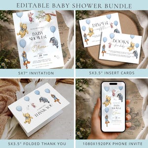 May include: A baby shower bundle featuring invitations, insert cards, a thank you card, and a phone invite. The designs include illustrations of Winnie the Pooh characters holding blue balloons. The text includes the words "Baby Shower" and "Oliver".