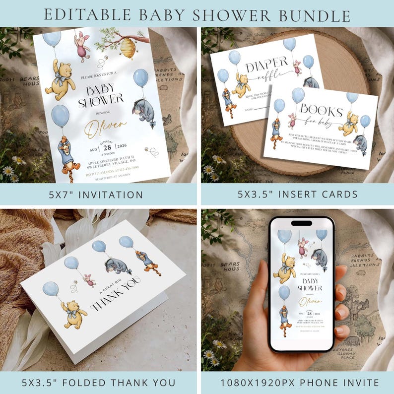 May include: A baby shower bundle featuring invitations, insert cards, a thank you card, and a phone invite. The designs include illustrations of Winnie the Pooh characters holding blue balloons. The text includes the words "Baby Shower" and "Oliver".