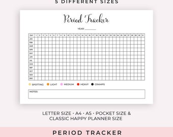 Period Tracker - Menstrual Cycle Tracker Printable , Menstrual Calendar, Letter Size PDF, A4, A5, Pocket and Classic Happy Planner size