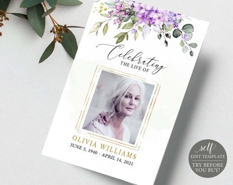 May include: A printable funeral program template with a watercolor floral design in shades of purple and green. The template features a gold frame with a photo of a woman and the text "Celebrating the Life of Olivia Williams June 3, 1940 - April 14, 2021".