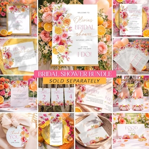 May include: A collection of bridal shower stationery items with floral and citrus designs. Includes a welcome sign, invitation, recipe card, table numbers, display card, champagne bottle labels, thank you tag, menu, place cards, and food sign.