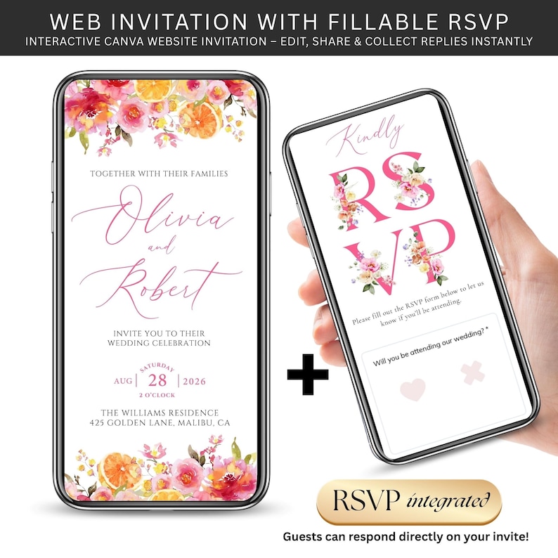 May include: Two smartphones displaying a wedding invitation and RSVP form. The invitation features floral designs and the names "Olivia and Robert." The RSVP form includes a pink floral design and the text "RSVP."