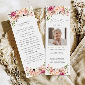 Modèle de marque-page funéraire modifiable Célébration de la vie, cartes souvenir Cartes commémoratives florales roses pour le souvenir Modèle canva #FNRL