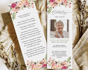Floral Funeral Bookmark Template: Celebration of Life Keepsake (Canva Editable, Digital Download)