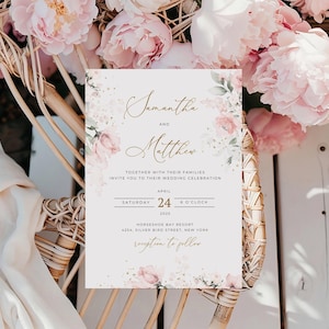 May include: A wedding invitation with a floral design featuring pink flowers and gold accents. The invitation reads "Samantha and Matthew" with the date "Saturday, April 24, 2025, 6 o'clock" and the location "Horseshoe Bay Resort, 4254 Silver Bird Street, New York. Reception to follow."