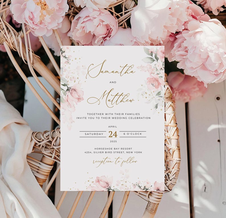 May include: A wedding invitation with a floral design featuring pink flowers and gold accents. The invitation reads "Samantha and Matthew" with the date "Saturday, April 24, 2025, 6 o'clock" and the location "Horseshoe Bay Resort, 4254 Silver Bird Street, New York. Reception to follow."