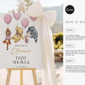 Cartello di benvenuto per baby shower a tema Winnie the Pooh, poster con orsetto e palloncino rosa, modello Canva modificabile immagine 4