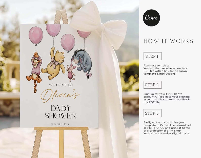 Cartello di benvenuto per baby shower a tema Winnie the Pooh, poster con orsetto e palloncino rosa, modello Canva modificabile immagine 4