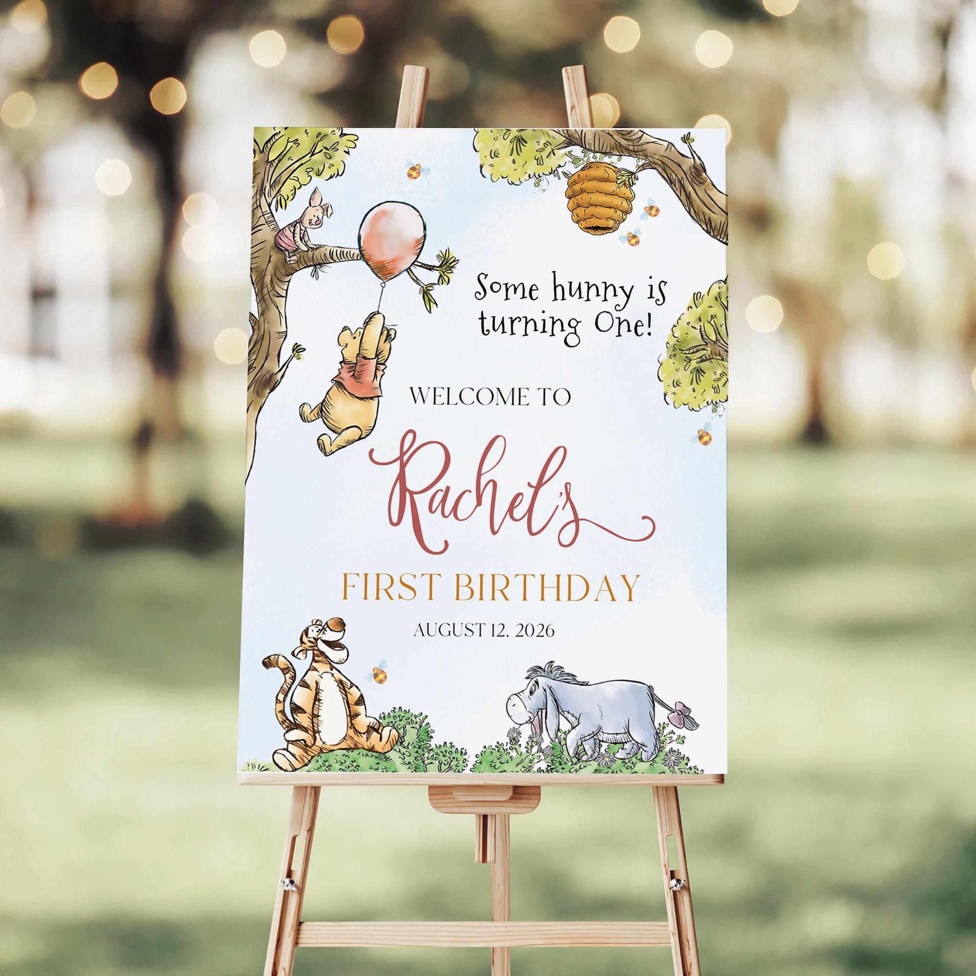 Winnie the Pooh 1st Birthday Welcome Sign, Any Age Poster
