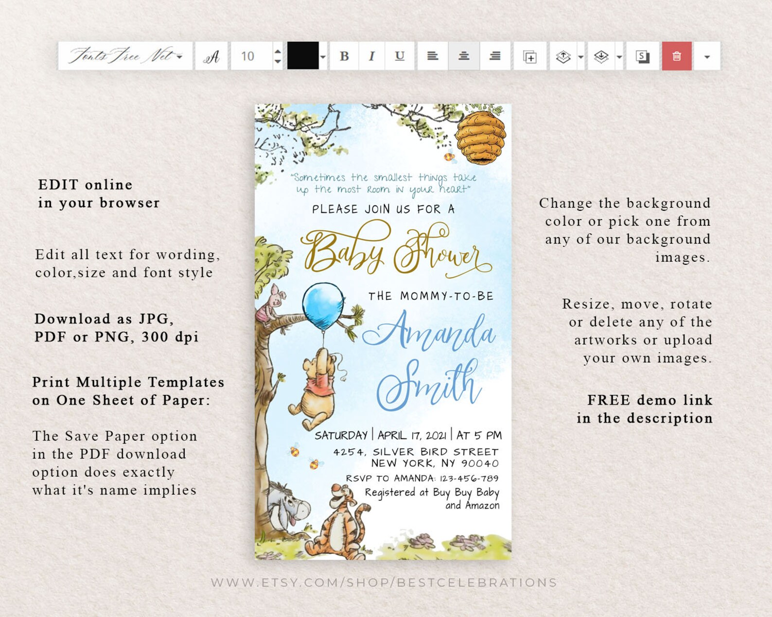Winnie the Pooh Evite, Classic Winnie the Pooh Baby Shower Evite