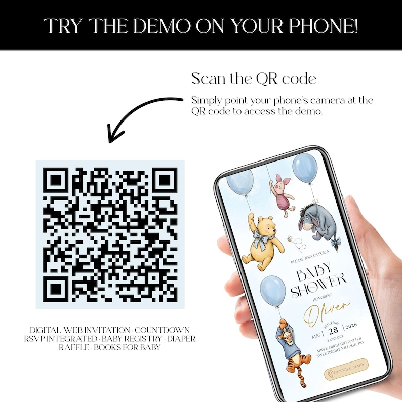 May include: A smartphone displays a baby shower invitation featuring Winnie the Pooh characters and blue balloons. The invitation includes the name "Oliver" and event details. A QR code is also present, with the text "TRY THE DEMO ON YOUR PHONE!"