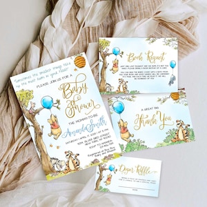 Bewerkbare Winnie de Poeh-babyshoweruitnodiging, bedankkaart, luierloterij, boekverzoek, canva-sjablonen #BWP