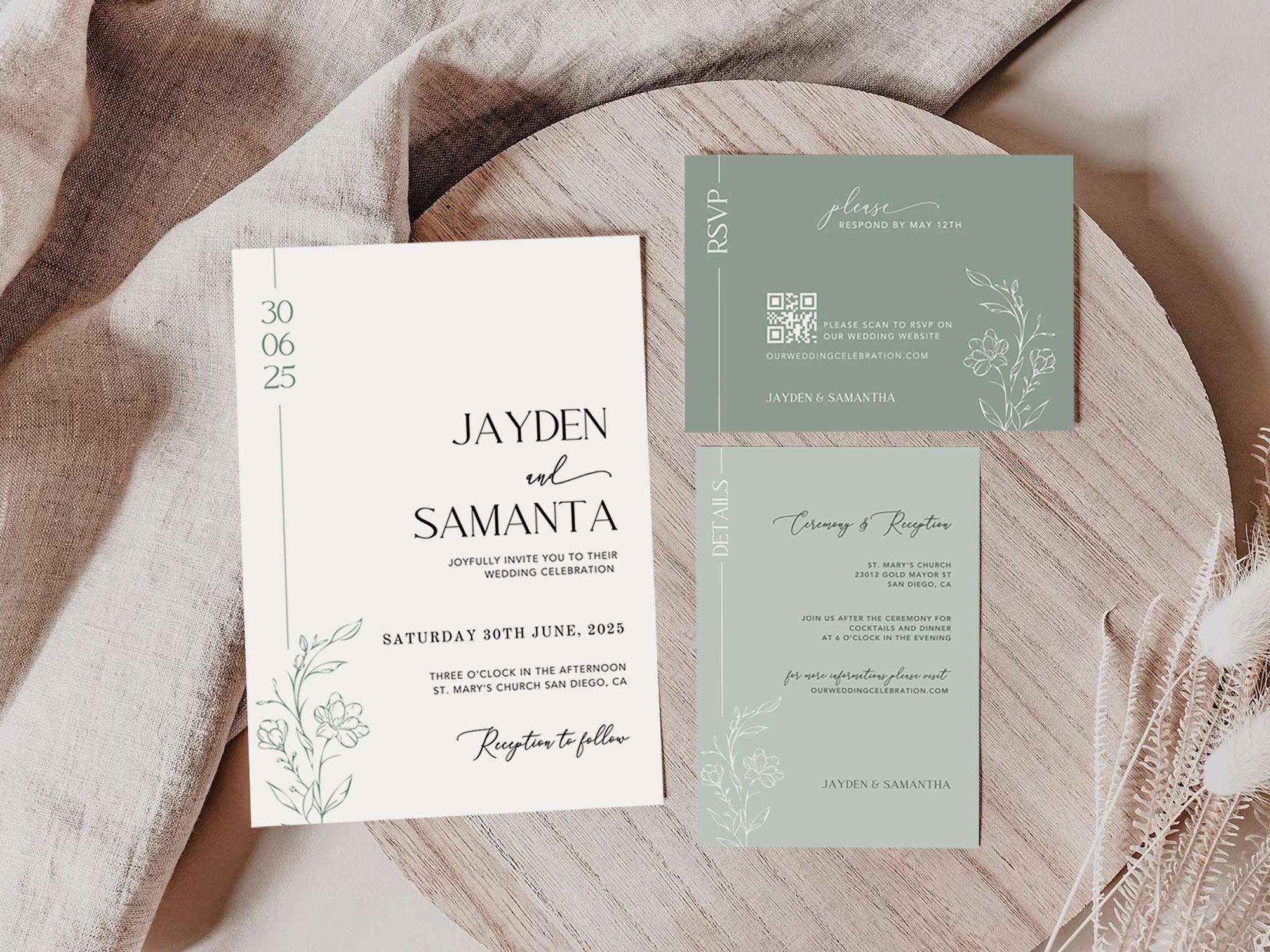 Sage Green Wedding Invitation Set: Minimalist Botanical Design (canva ...