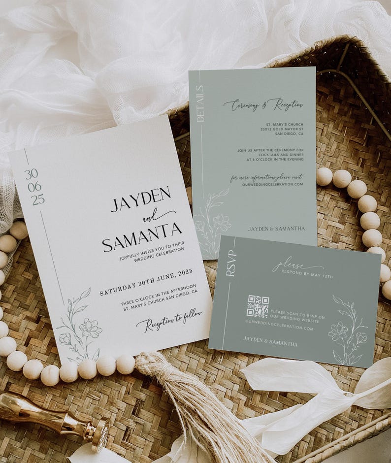 May include: A wedding invitation suite with a light blue and white color scheme. The invitation features a floral design and the text "Jayden and Samanta" in a modern font. The RSVP card includes a QR code and the text "Please respond by May 15th".