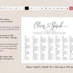 May include: Printable wedding seating chart template with the names Oliver and Sarah and the date June 26, 2021. The chart is designed for a large wedding with alphabetical seating assignments. The text "Please find your seat" is printed at the top of the chart. The chart is available in three sizes: 36x24 inches, 24x18 inches, and A1 (841 mm x 594 mm).