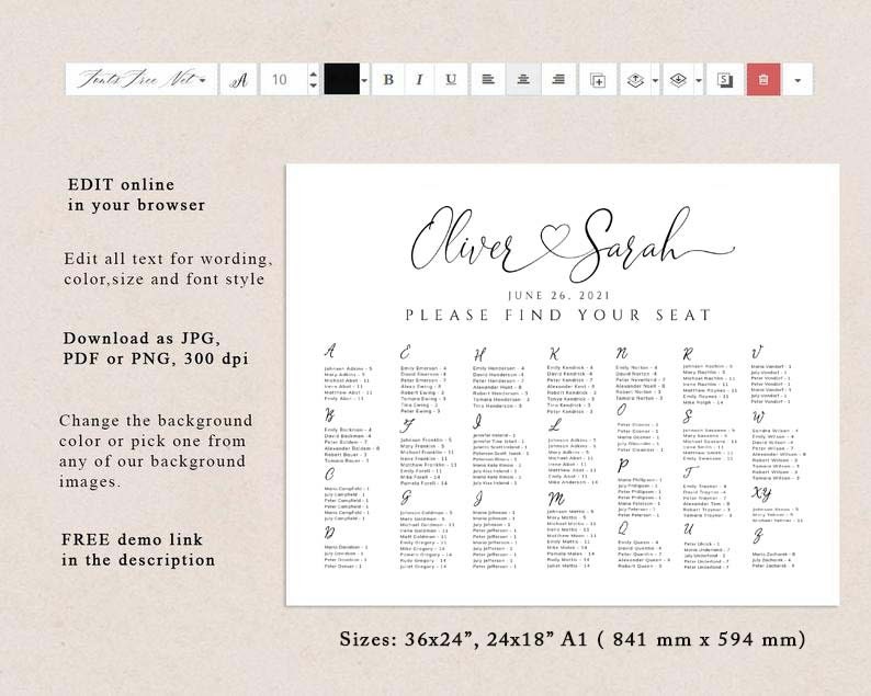 May include: Printable wedding seating chart template with the names Oliver and Sarah and the date June 26, 2021. The chart is designed for a large wedding with alphabetical seating assignments. The text "Please find your seat" is printed at the top of the chart. The chart is available in three sizes: 36x24 inches, 24x18 inches, and A1 (841 mm x 594 mm).