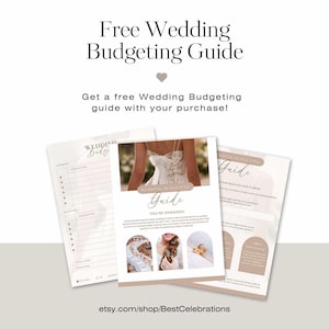 May include: A free wedding budgeting guide with a checklist and tips for planning your wedding. The guide features a bride in a white wedding dress and a pink and white color scheme.