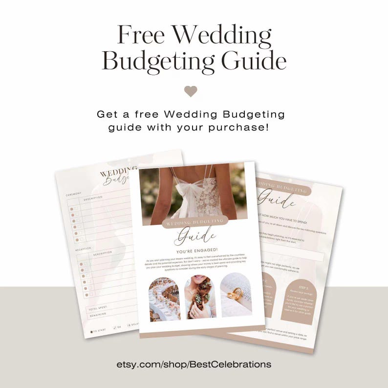 May include: A free wedding budgeting guide with a checklist and tips for planning your wedding. The guide features a bride in a white wedding dress and a pink and white color scheme.