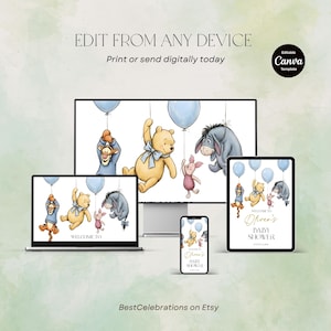 May include: Digital baby shower invitation featuring Winnie the Pooh characters, including Tigger, Pooh, Piglet, and Eeyore, with blue balloons. The invitation is displayed on various devices, including a laptop, tablet, and phone.