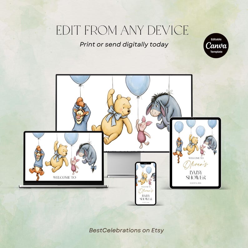 May include: Digital baby shower invitation featuring Winnie the Pooh characters, including Tigger, Pooh, Piglet, and Eeyore, with blue balloons. The invitation is displayed on various devices, including a laptop, tablet, and phone.