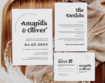 Retro Wedding Invitation Suite, Editable Wedding Invitation Template with QR Code, CANVA Minimal Wedding Invite Details Card, Rsvp Card #MM2