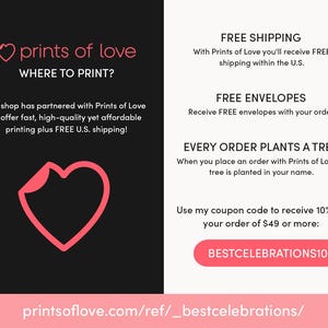 K&ouml;nnte beinhalten: Eine zweifarbige Grafik mit schwarzer linker und wei&szlig;er rechter Seite. Sie enth&auml;lt den Text prints of love, WHERE TO PRINT? sowie Details zu Umschl&auml;gen und Baumpflanzungen. Ein rosa Herzsymbol und ein Button mit BESTCELEBRATIONS10 sind zu sehen.