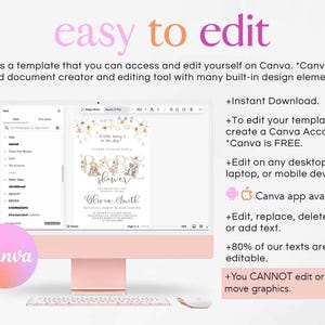 Pode incluir: Um ecr&atilde; de computador rosa e branco a mostrar um modelo de convite para um ch&aacute; de beb&ecirc; no Canva. O convite apresenta um design floral com uma ilustra&ccedil;&atilde;o fofa de um animal. O texto no convite diz "Por favor, junte-se a n&oacute;s para um ch&aacute; de beb&ecirc; celebrando a futura mam&atilde;e, Olivia Smith".