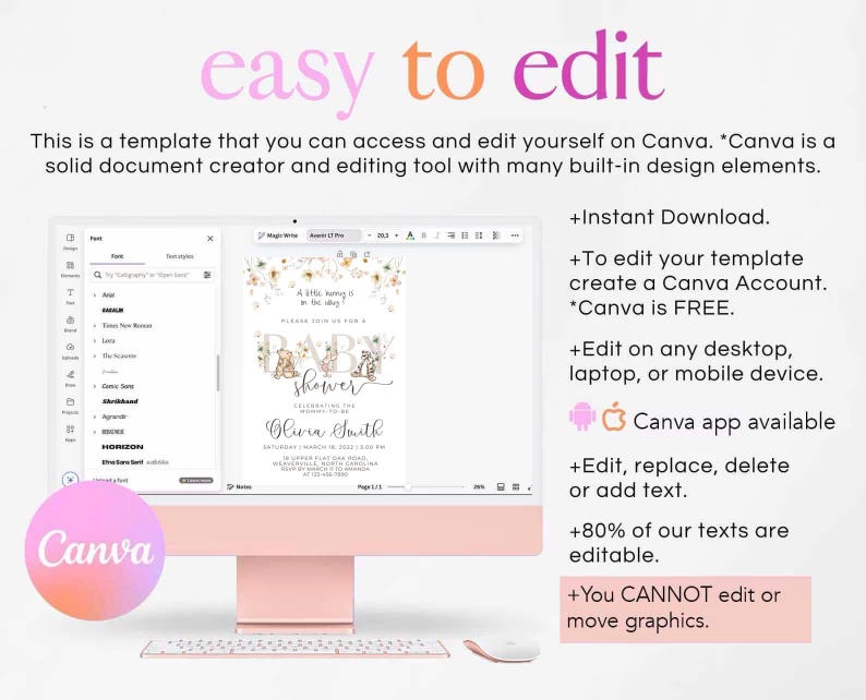 Pode incluir: Um ecr&atilde; de computador rosa e branco a mostrar um modelo de convite para um ch&aacute; de beb&ecirc; no Canva. O convite apresenta um design floral com uma ilustra&ccedil;&atilde;o fofa de um animal. O texto no convite diz "Por favor, junte-se a n&oacute;s para um ch&aacute; de beb&ecirc; celebrando a futura mam&atilde;e, Olivia Smith".