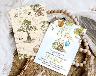 May include: Two rectangular paper cards featuring Winnie the Pooh illustrations. One card shows a map of 100 Aker Woods. The other card displays the text Oh Boy, Please join us for a baby shower, Olivia Roberts, April 17, 2025, and address details.
