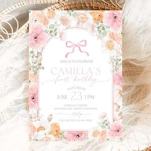 Faire-part premier anniversaire fille, invitation florale vieux pêche rose, modèle de fête d'anniversaire imprimable modèle BDP d'invitation modifiable fleur de jardin de jardin