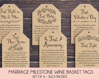 Marriage Milestone Wine Basket Tags - A year of first - Wine Gift Basket Tags - Bridal Shower Gift - Wedding Gift - Rustic Wine Label
