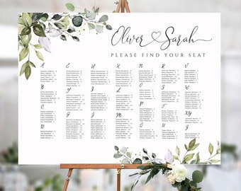 CHLOE - Alphabetical Seating Chart Template, Heart & Swashes, Printable Seating Plan, 100% Editable, Calligraphy Wedding Sign, Minimalist