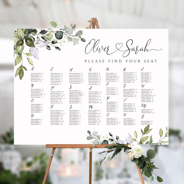 CHLOE - Alphabetical Seating Chart Template, Heart & Swashes, Printable Seating Plan, 100% Editable, Calligraphy Wedding Sign, Minimalist