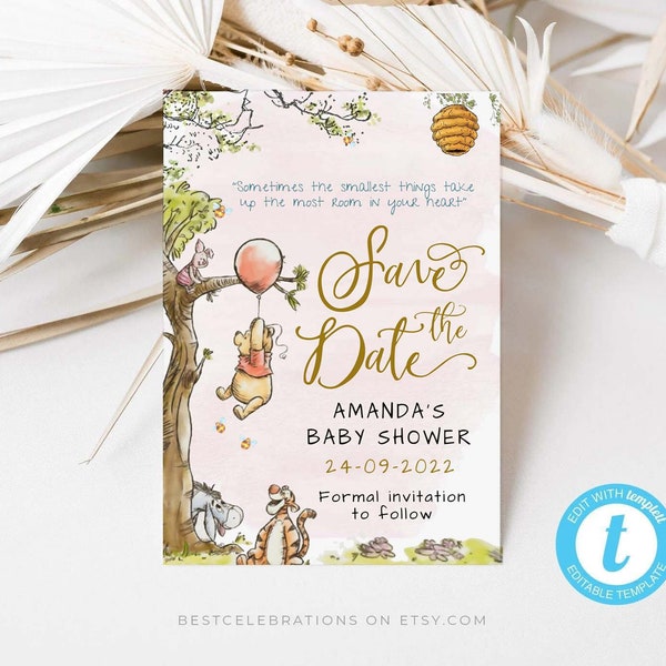 Winnie the Pooh Save The Date Card, Classic  Winnie The Pooh Invitation, Editable Templett , #RWP