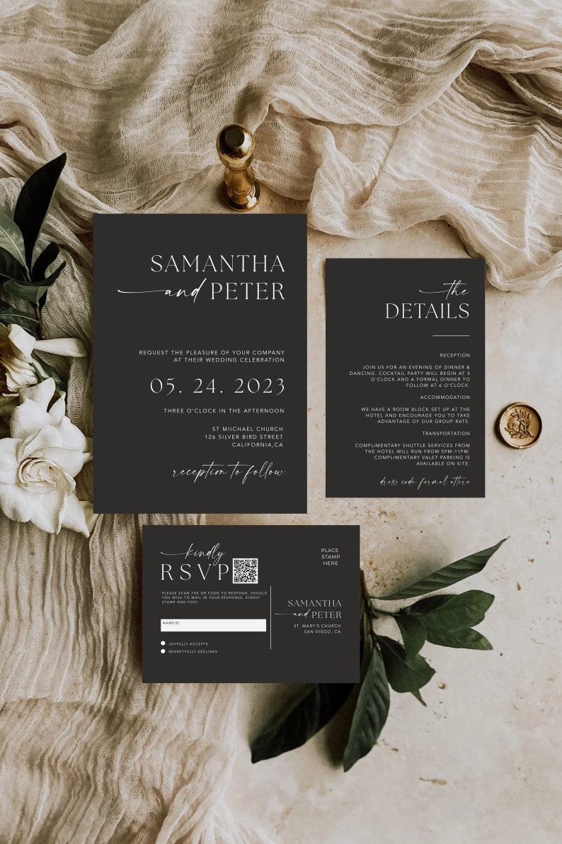 Black Wedding Invitation with QR Code, Minimal Wedding Invite Suite, Modern Invite, Simple Editable Invite Template, MM2 imagem 1