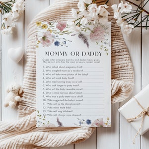 Juego de mamá o papá, juego de baby shower de flores silvestres, baby shower para niñas, plantilla de juego editable, descarga instantánea, Templett, 5x7 PWFL