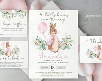 May include: A set of baby shower stationery featuring a watercolor rabbit wearing a pink jacket, holding a pink balloon, and surrounded by greenery. The text includes A little bunny is on the way, Amanda's Baby Shower, diaper raffle, and thank you.