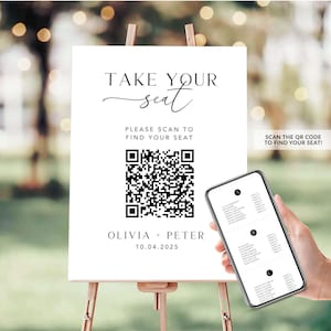 Seating Chart with QR Code Sign Template, Editable Wedding Alphabetical Guest Seating Website, Minimalist Find Your Seat Sign