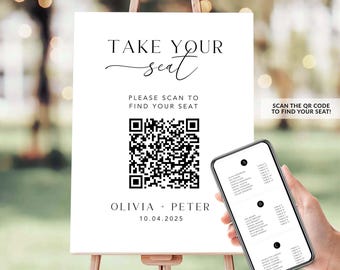 Seating Chart with QR Code Sign Template, Editable Wedding Alphabetical Guest Seating Website, Minimalist Find Your Seat Sign