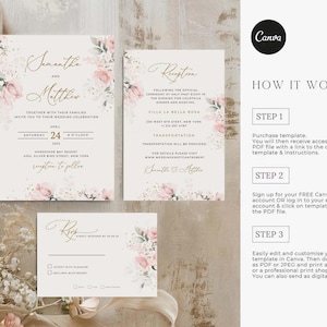 May include: Wedding invitation template with a floral design in pink and green. The text on the invitation reads "Samantha and Matthew" and includes the date and time of the wedding. The invitation also includes information about the reception. The template is available for purchase and can be edited in Canva.