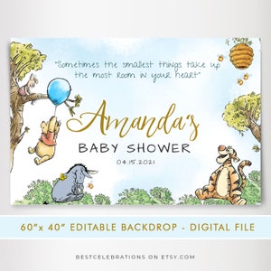 Winnie The Pooh Backdrop 60x40 Inches, Classic Winnie The Pooh Baby Shower Banner, Dessert Table Sign, Digital File Templett You Print #BWP