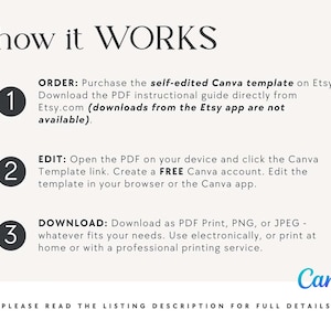 May include: A three-step guide on how to use a Canva template. The steps are numbered 1, 2, and 3. The steps are: Order, Edit, and Download. The guide includes the text "Download the PDF instructional guide directly from Etsy.com (downloads from the Etsy app are not available)." and "Create a FREE Canva account. Edit the template in your browser or the Canva app."