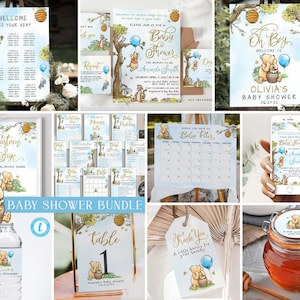 Winnie Pooh babyshowerbundel, bewerkbaar sjabloonpakket voor jongen, Evite, luierloterij, aangepast bord, bedankkaartje, stoelentabel en meer, #BWP
