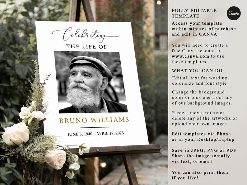 Funeral Welcome Sign Template, Editable Celebration of Life Poster, Printable Memorial Sign (Canva PDF) image 5