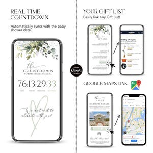 Pode incluir: Um ecr&atilde; de smartphone com um temporizador de contagem decrescente para um ch&aacute; de beb&eacute;, com o texto "Real Time Countdown". Outras telas mostram informa&ccedil;&otilde;es sobre a lista de presentes e o local. O temporizador mostra dias, horas, minutos e segundos.
